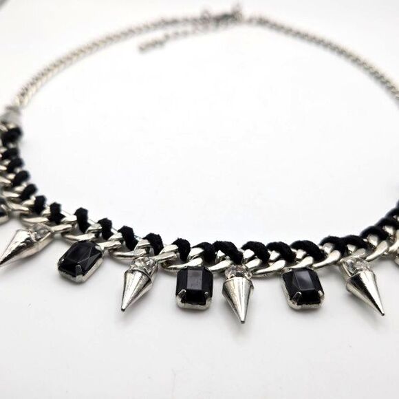 Silvertone Chain with Spikes Clear and Black Rhinestones Leather Accent Necklace - Picture 2 of 6